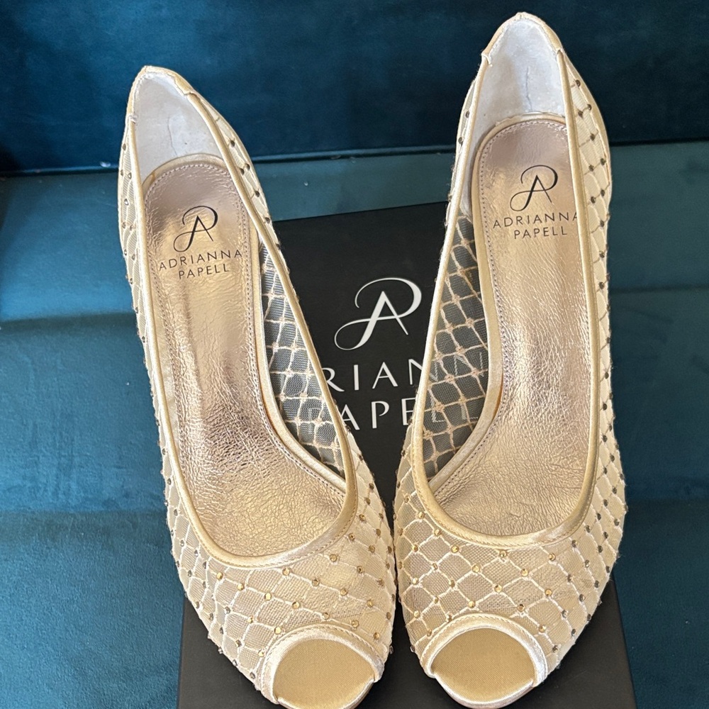 Adrianna Papell Gold Mesh Peep-Toe Heels
